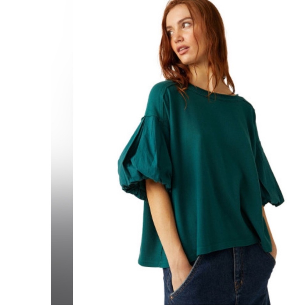 WE THE FREE Teal Green Blossom Tee Balloon Sleeved Oversized Size XS